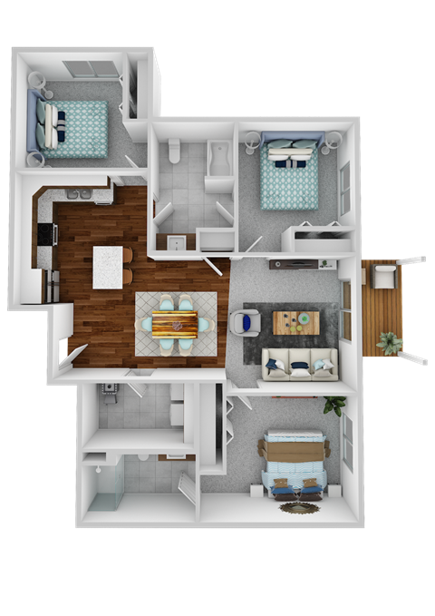 Floor plan for 3 beds, 2 baths, 1076 sqft
